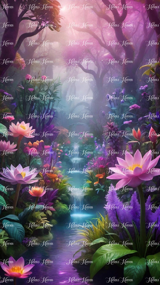 In the heart of a fantastical forest, a colorful stream meanders gracefully alongside vibrant flowers