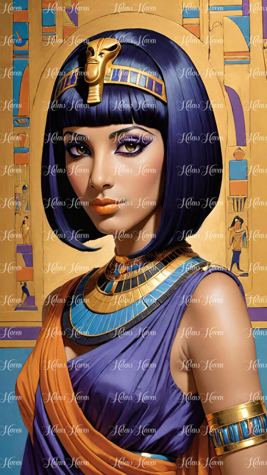 Cleopatra with short hair in purple and orange