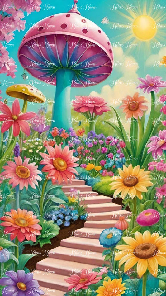 A garden path meanders gracefully, adorned with colorful flowers, guiding the way to a whimsical mushroom