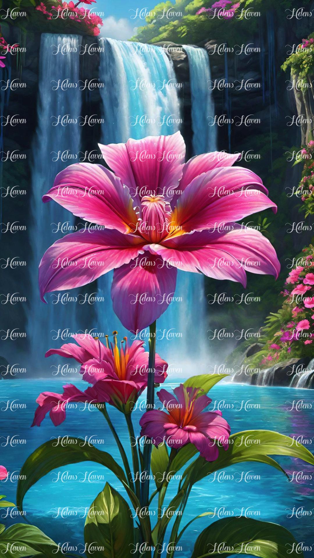 a single bright pink flower stands out against the backdrop of a majestic waterfall