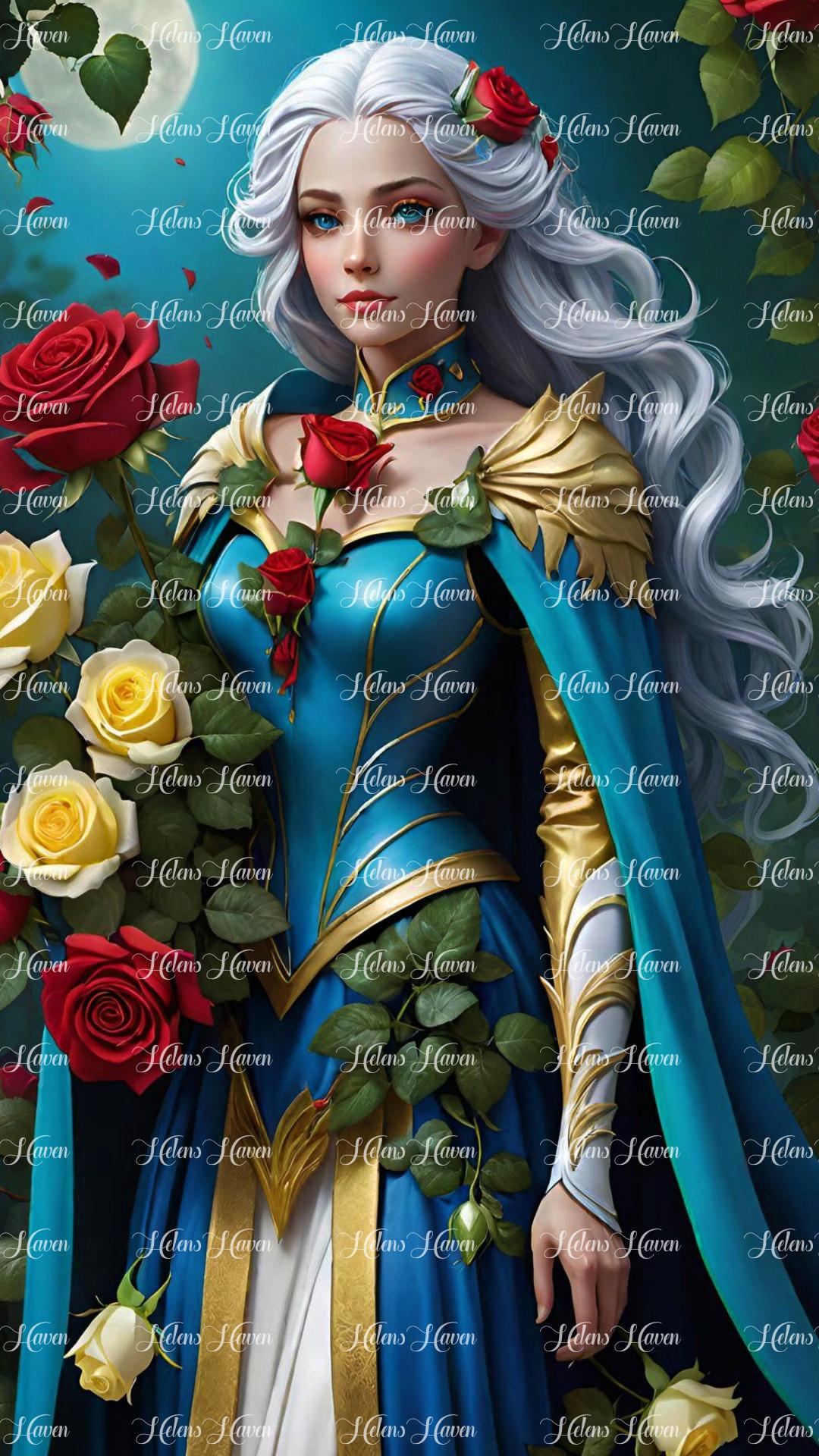the rose princess stands, her long flowing platinum hair cascading like liquid silver down her back