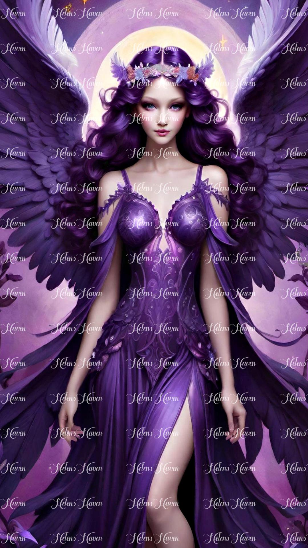 an amethyst angel spreads her wings, their purple hues shimmering with celestial light