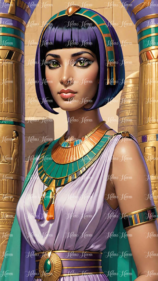 Cleopatra with short hair in lilac and green