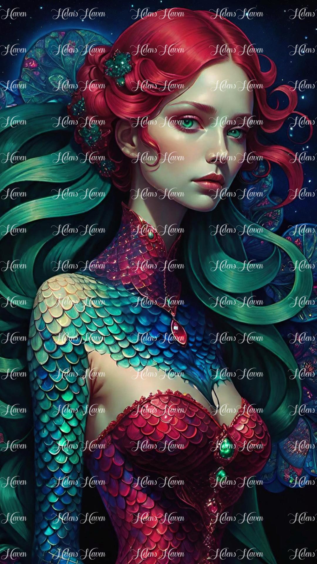 an exotic mermaid with deep red hair and scales on her body 