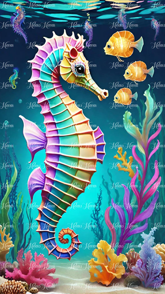 Pretty seahorse with three fish