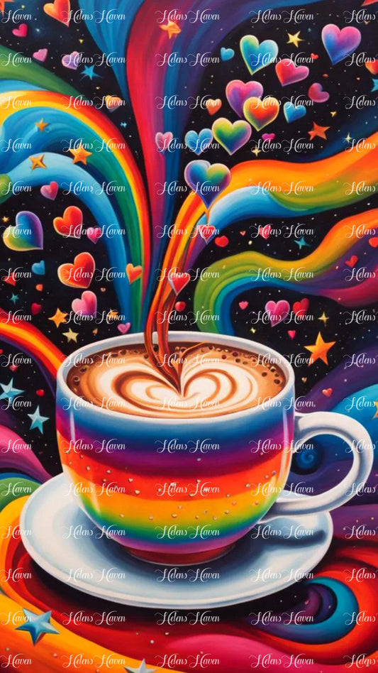 a rainbow coffee cup, brimming with steaming hot coffee