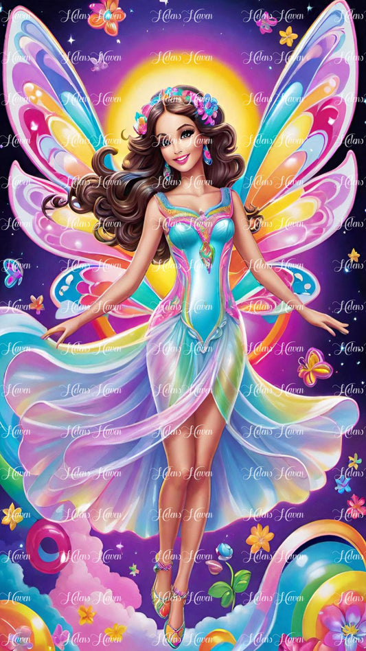 With a joyful smile that lights up her face, a colorful fairy girl dances