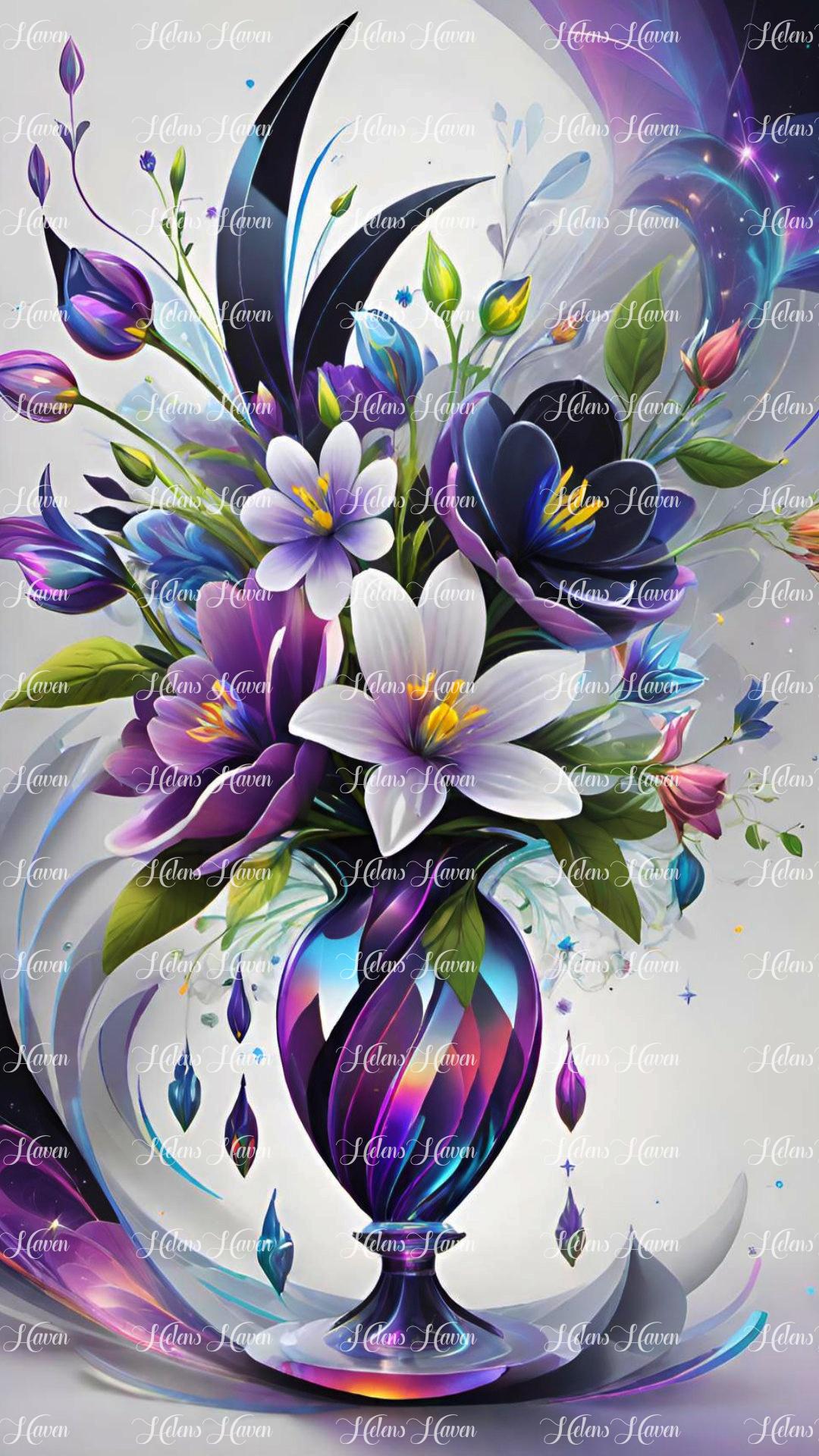 a purple crystal vase holding an exquisite arrangement of purple and white flowers.