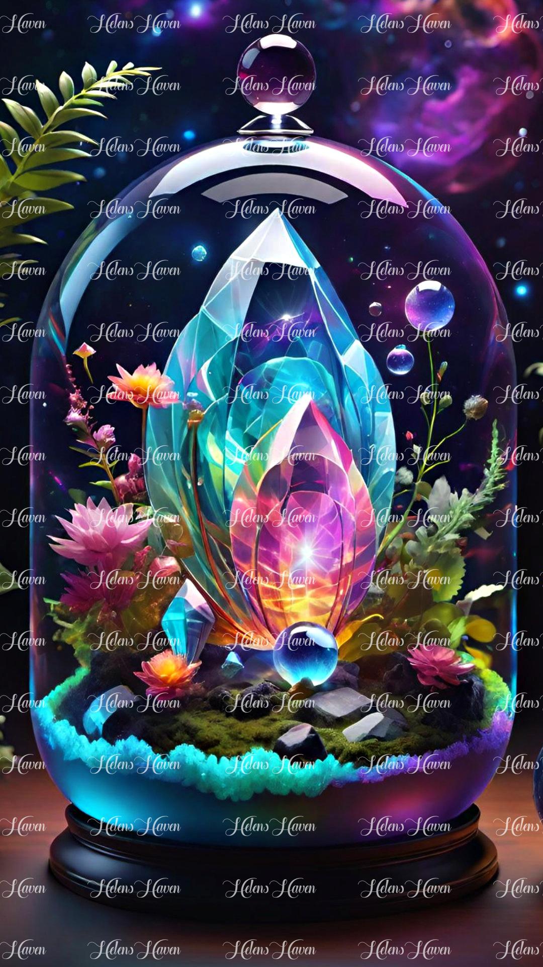 an exotic crystal terrarium gleams, its intricate design a testament to the wonders of nature captured within