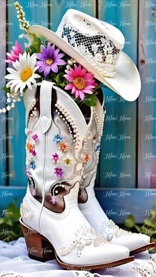 White wedding cowgirl boots and hat