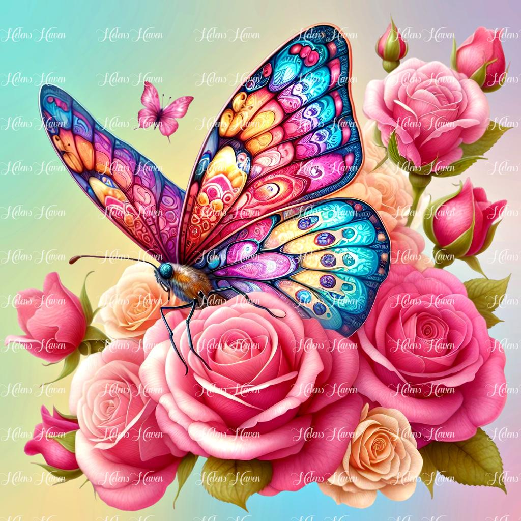 A butterfly rests gently on the petals of pink roses, creating a serene and picturesque moment.