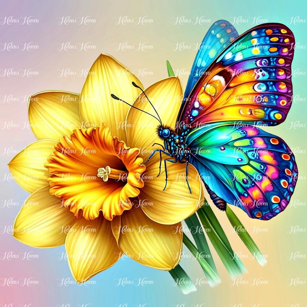 A butterfly perches lightly on a bright yellow daffodil