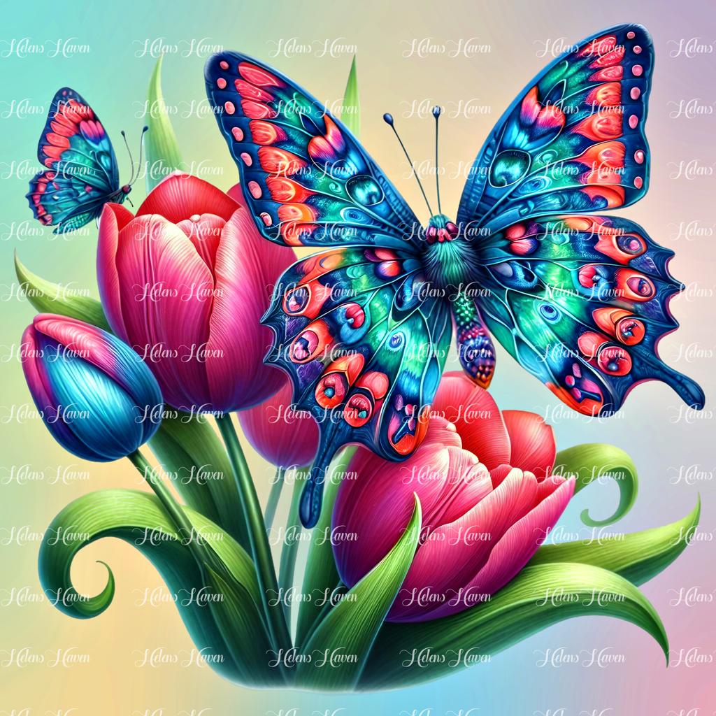 A butterfly delicately lands on a bunch of pink tulips