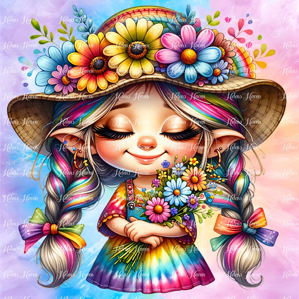 A hippy girl with flowers adorning her hat 