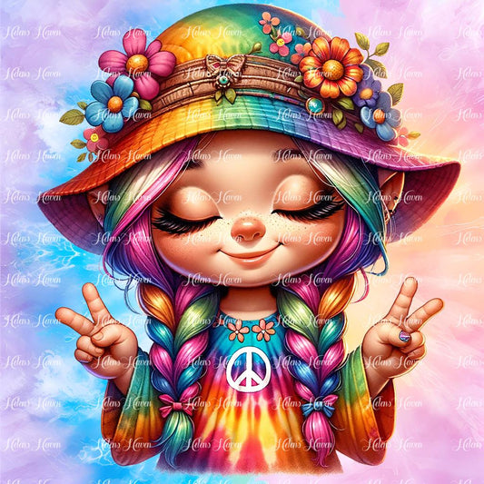 A peace sign-adorned hippy girl