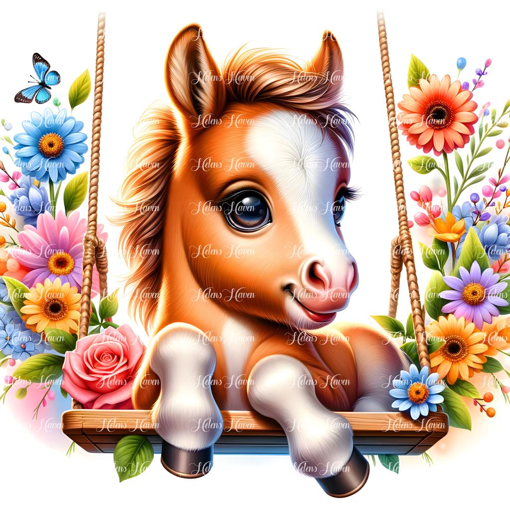 A brown pony swings gently on a flower-adorned swing