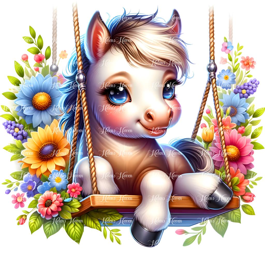 A pony gently sways on a swing adorned with blooming flowers