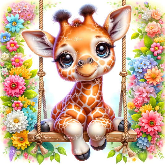 A baby giraffe swings gracefully on a flower-strewn swing