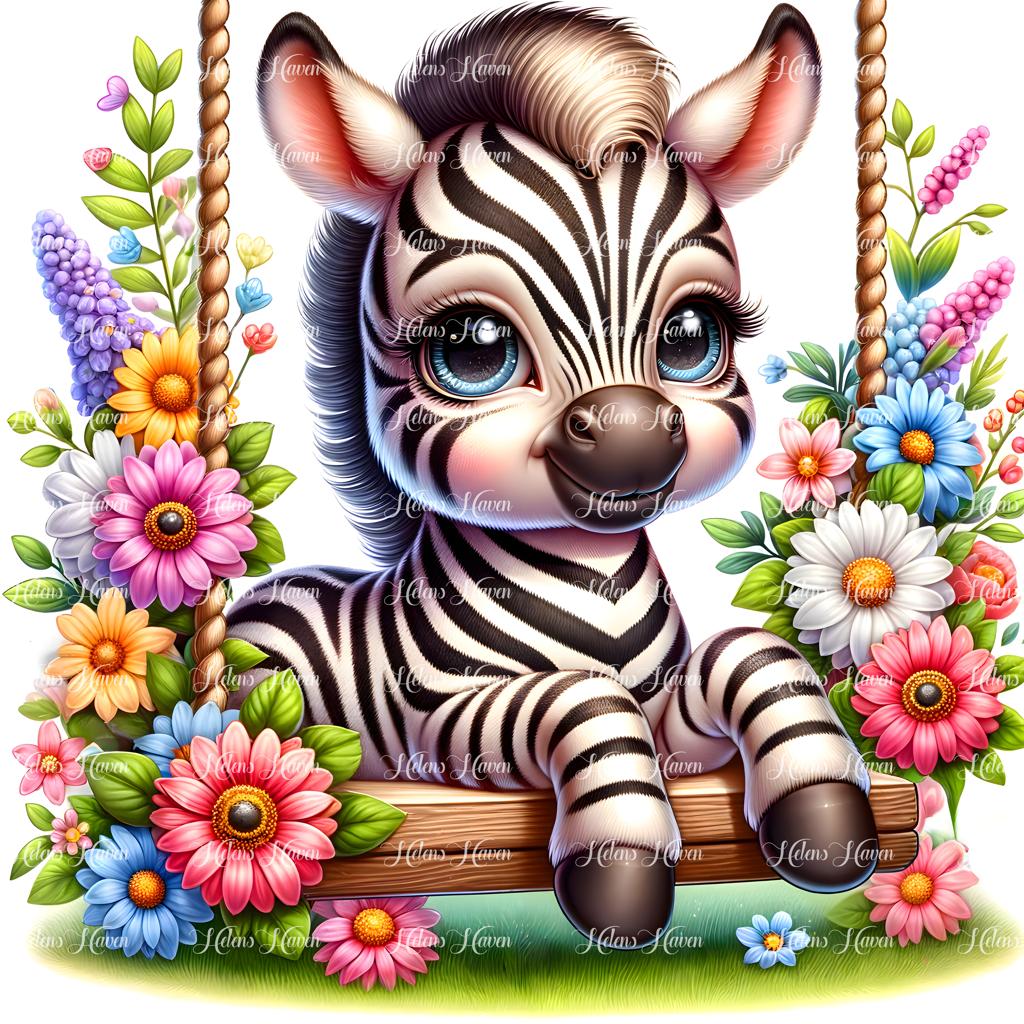 A baby zebra sways gently on a swing adorned with delicate flowers