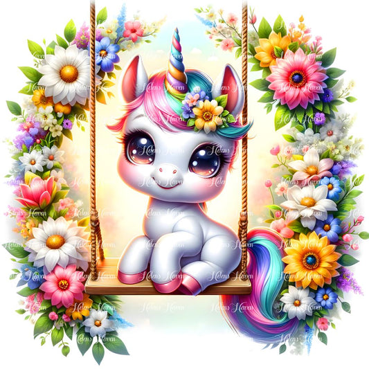 A cute baby unicorn sits gracefully on a flower swing