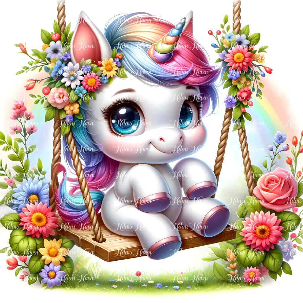 A baby unicorn sits atop a flower swing