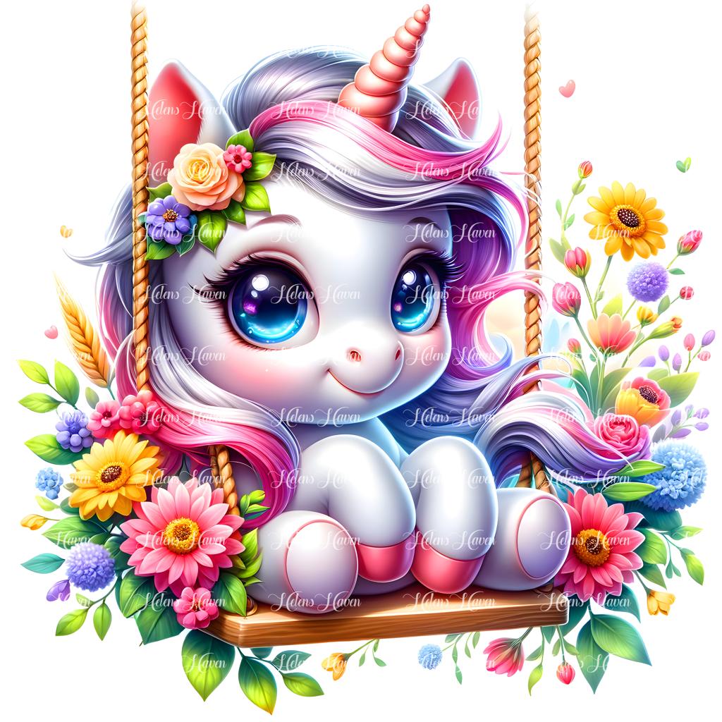 A cute baby unicorn giggles joyfully on a flower swing