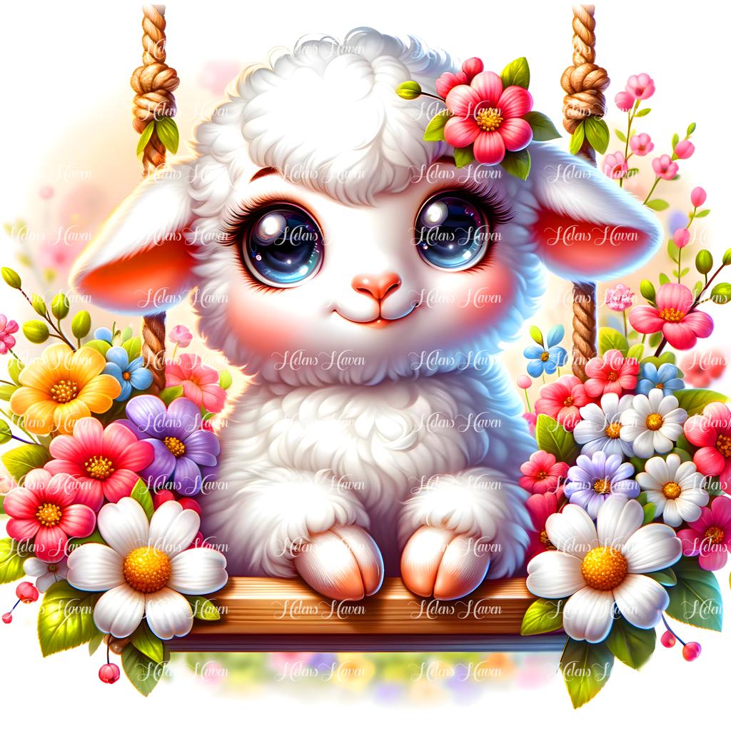 A baby lamb sits contentedly on a flower swing