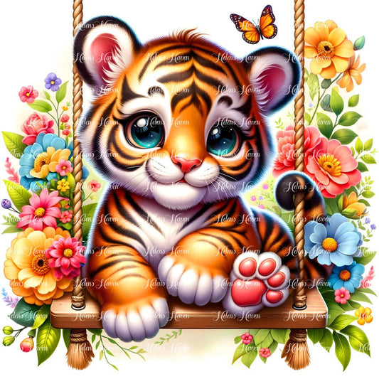 A baby tiger lounges contentedly on a flower swing