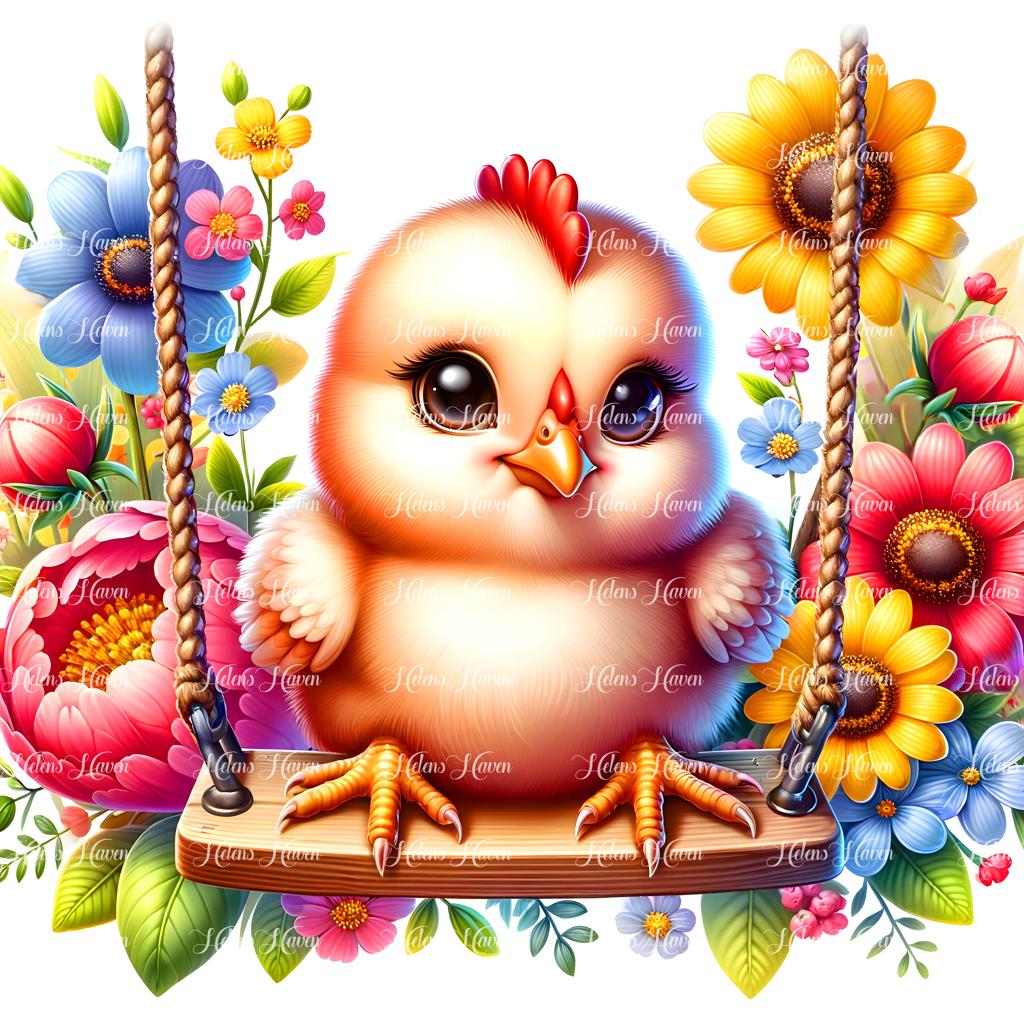 A baby chick perches delicately on a flower swing,