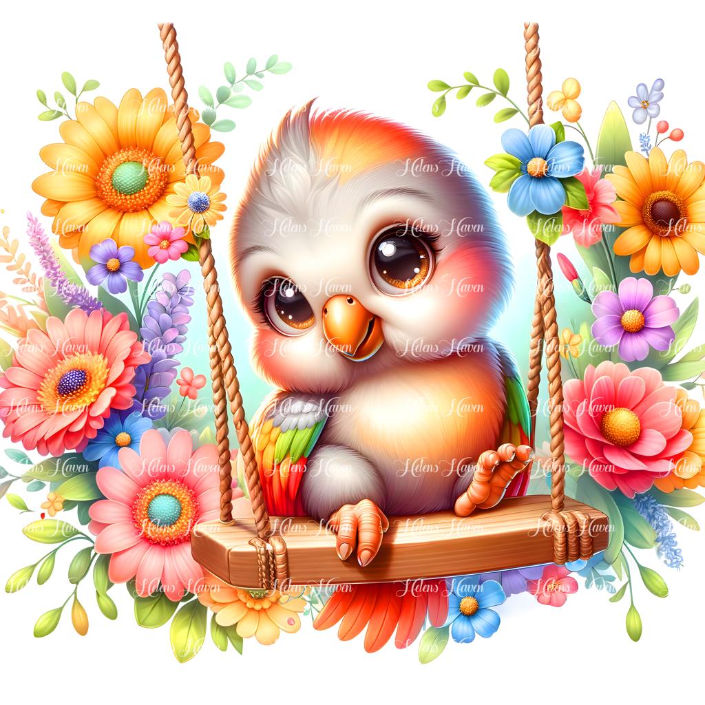 A baby bird perches lightly on a flower swing