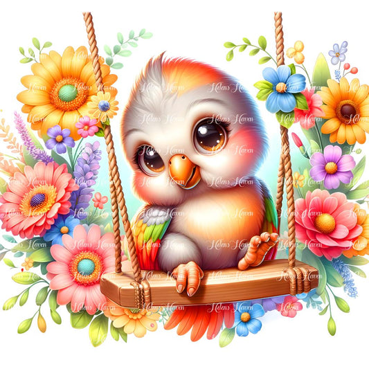 A baby bird perches lightly on a flower swing