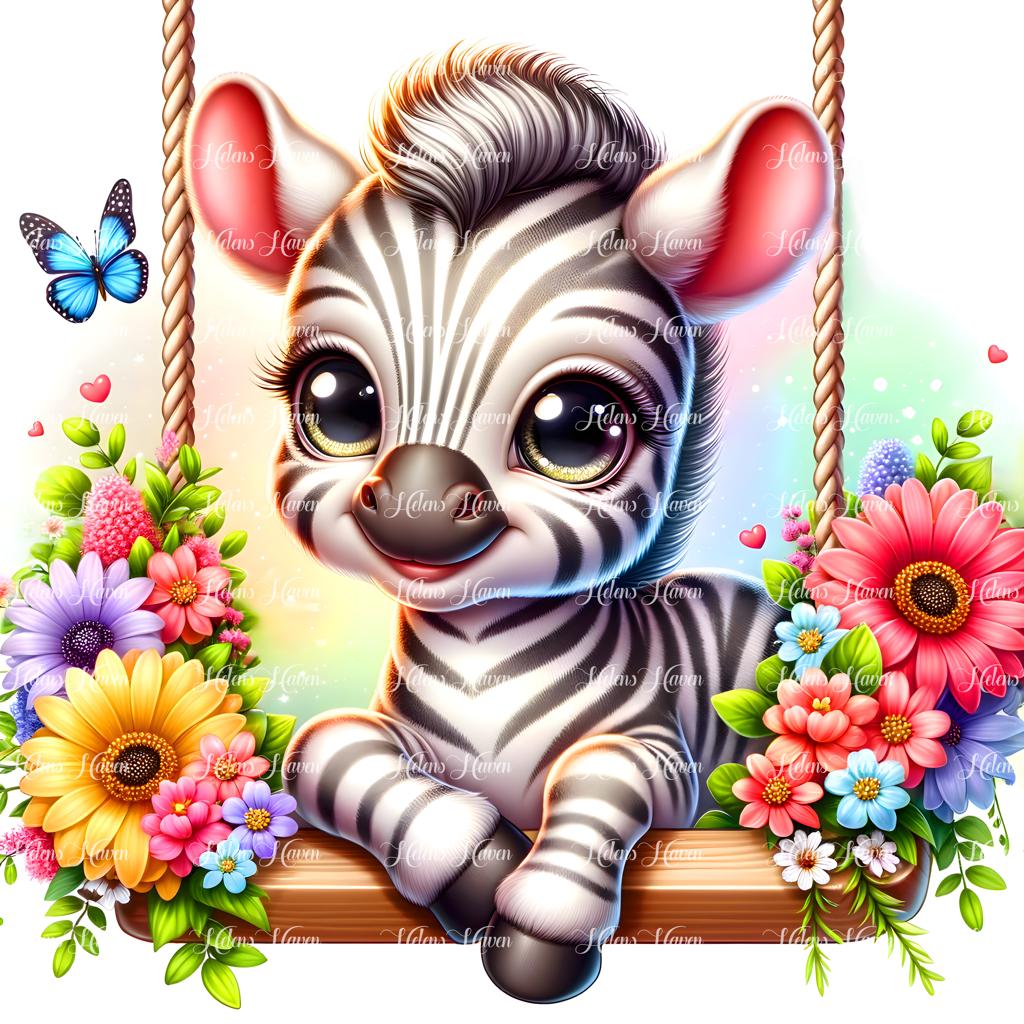 A baby zebra sits gracefully on a flower swing