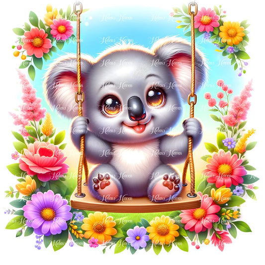 A cute baby koala clings playfully to a flower swing