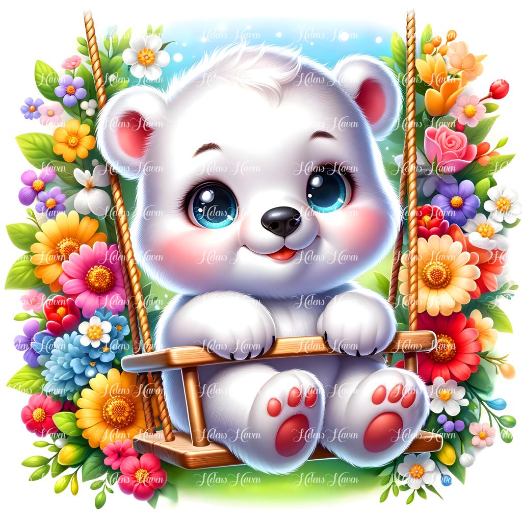 A cute baby polar bear sits snugly on a flower swing