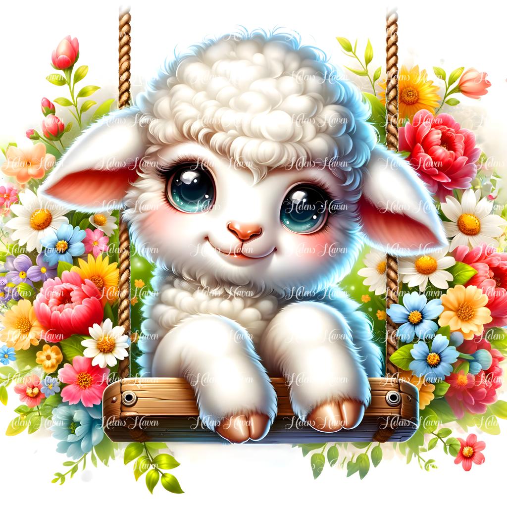 A lamb rests peacefully on a flower swing