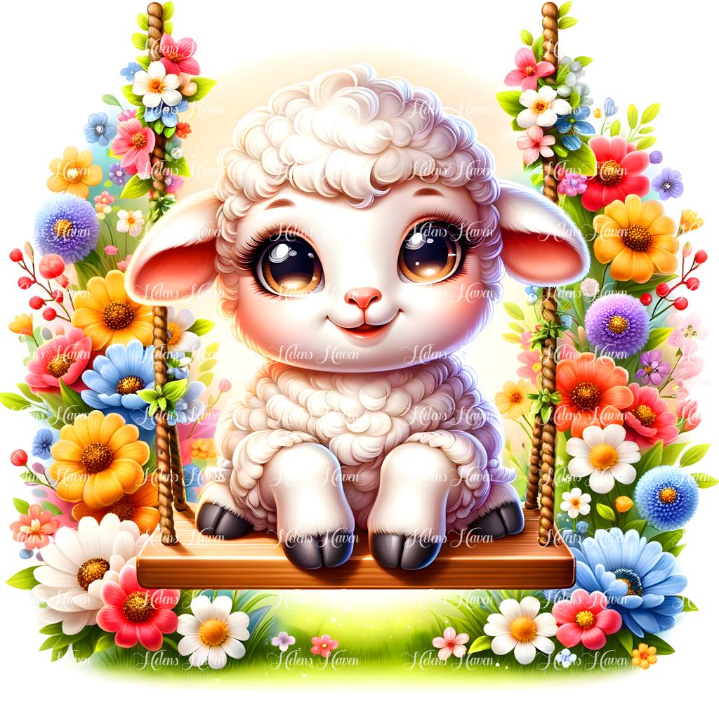 A playful lamb perches atop a flower swing