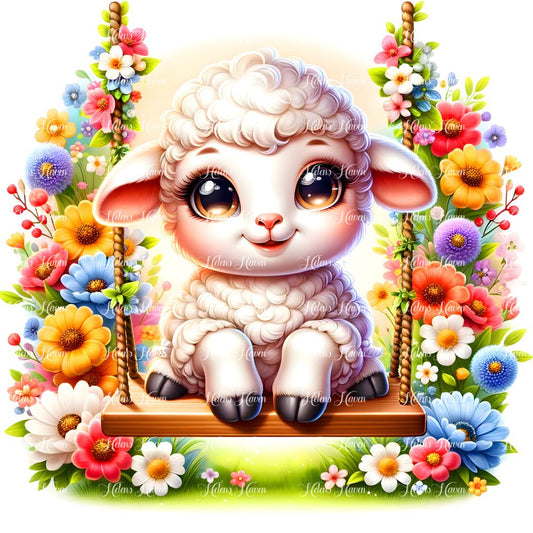 A playful lamb perches atop a flower swing