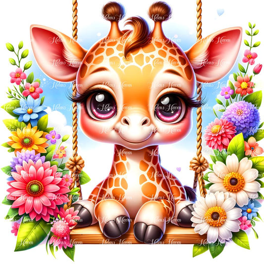 A baby giraffe balances gracefully on a flower swing