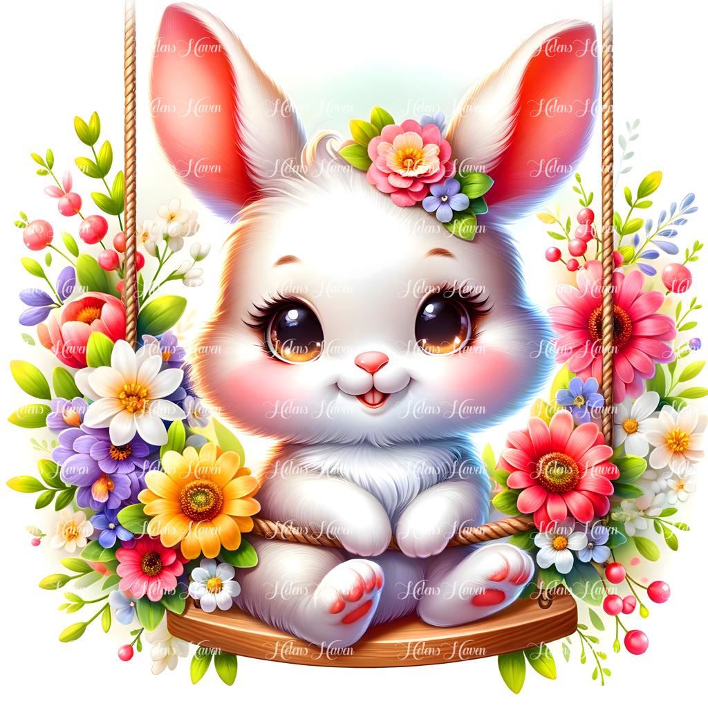 A cute white baby bunny perches delicately on a flower swing