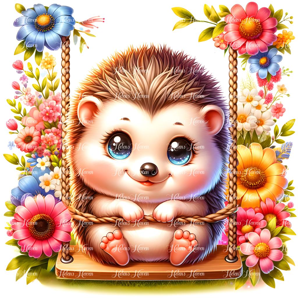 A baby hedgehog snuggles snugly on a flower swing