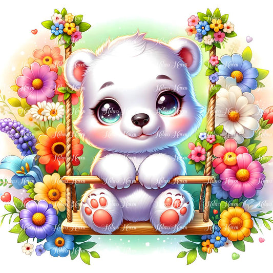 A cute white polar bear cub sits snugly on a flower swing