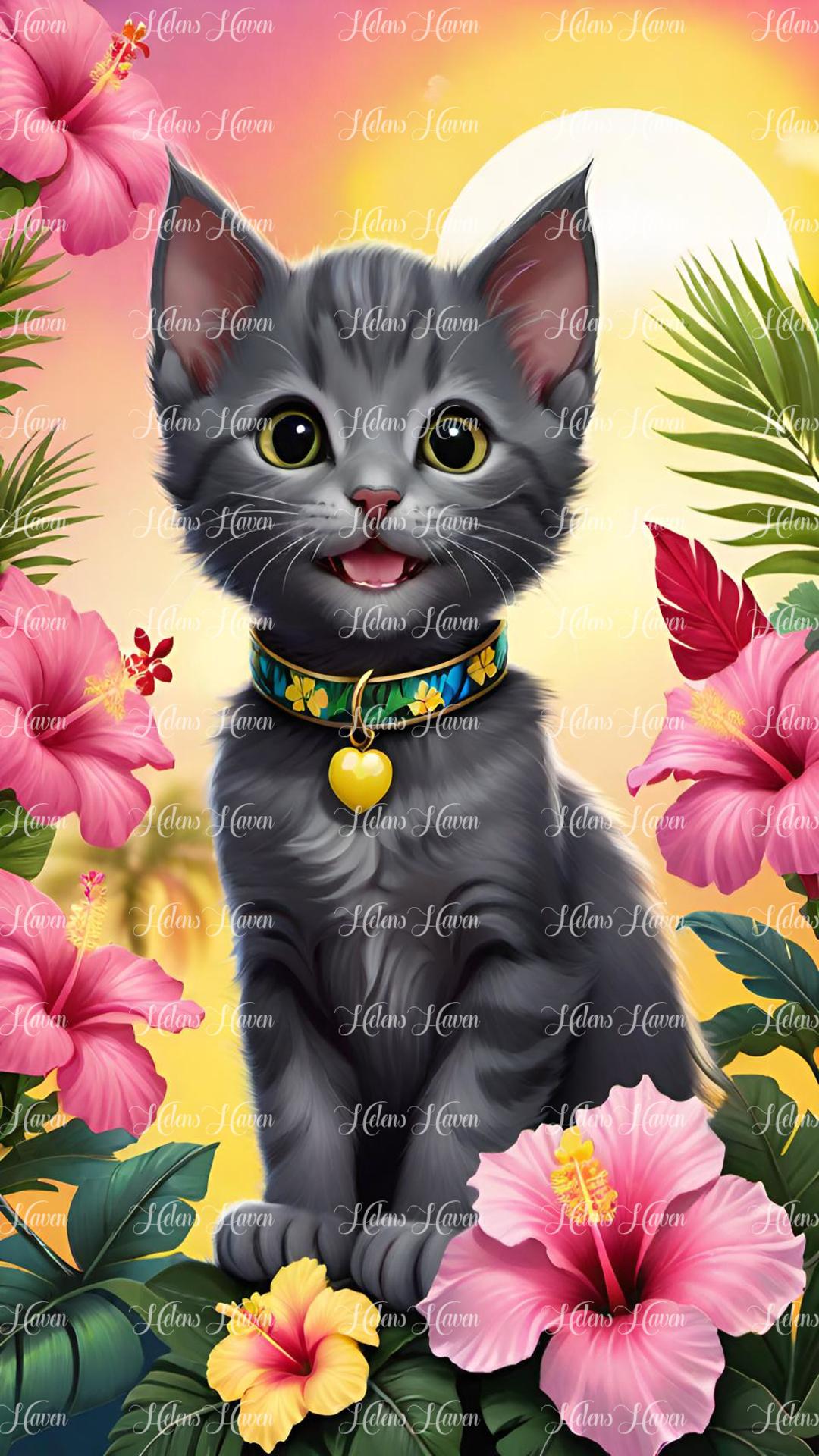 Grey kitten in tropical flower scene