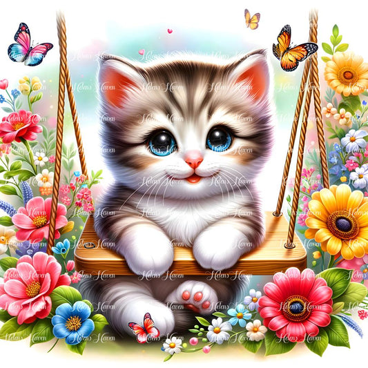 A cute kitten lounges contentedly on a flower swing