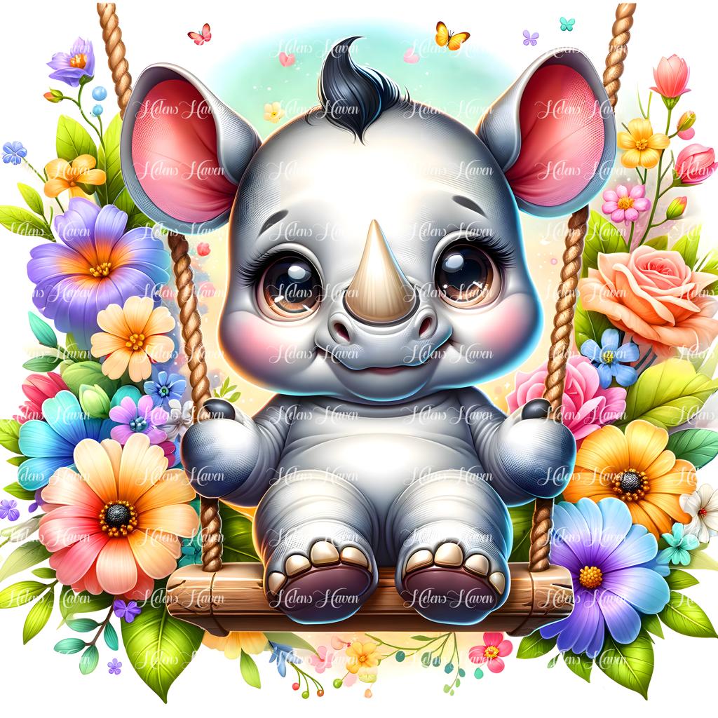 A baby rhino sits snugly on a flower swing,