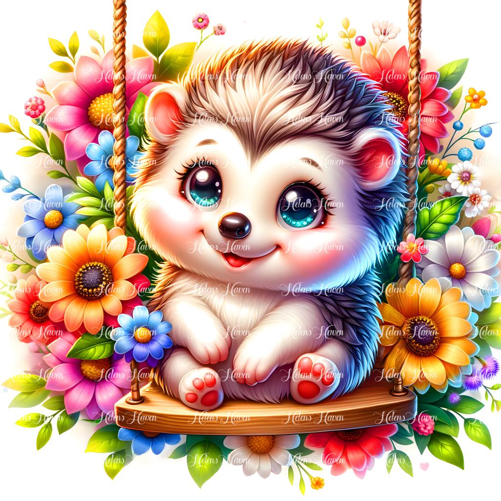 A baby hedgehog nestles comfortably on a flower swing