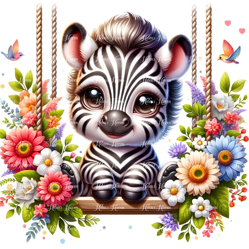 A baby zebra rests comfortably on a flower swing