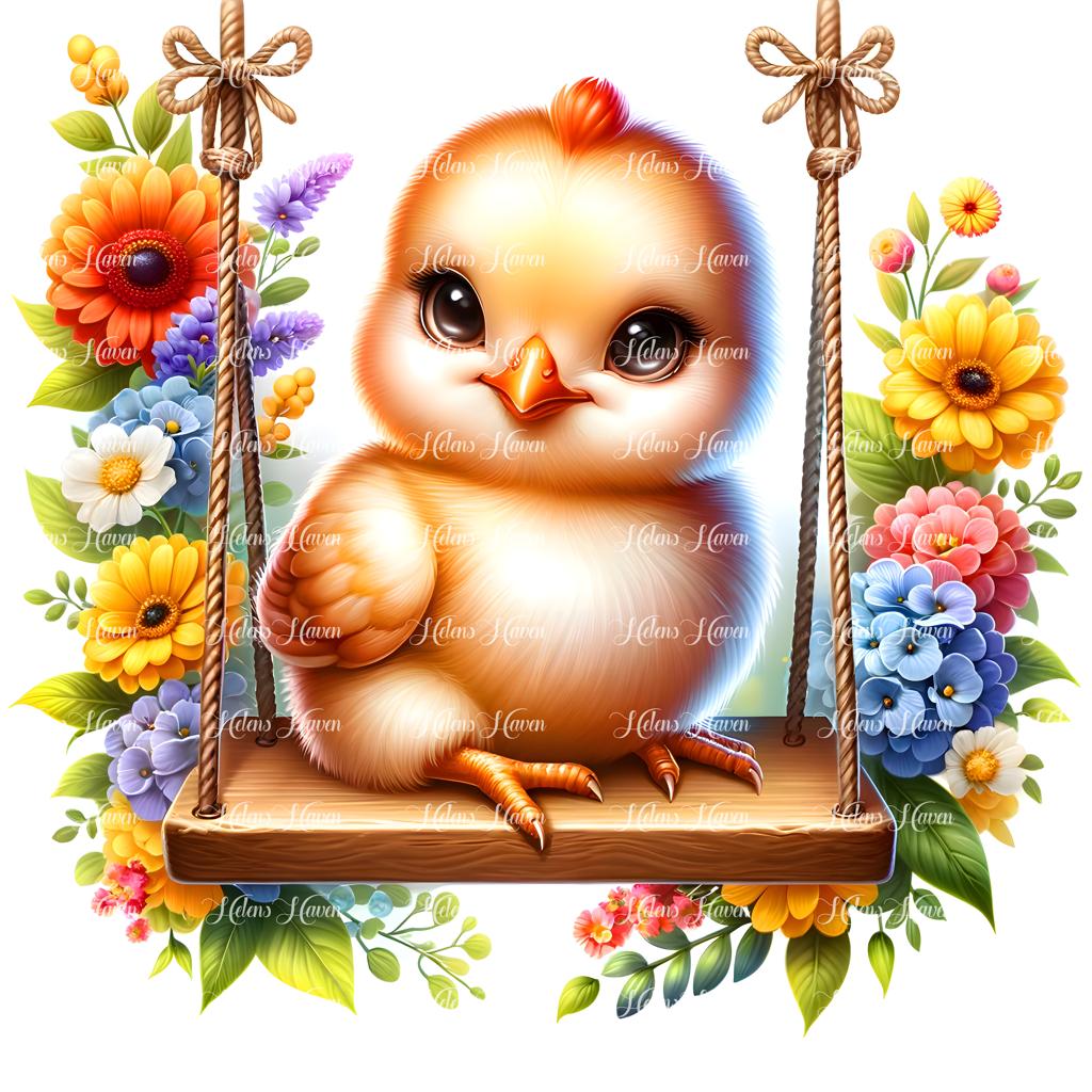 A fluffy chick perches delicately on a flower swing