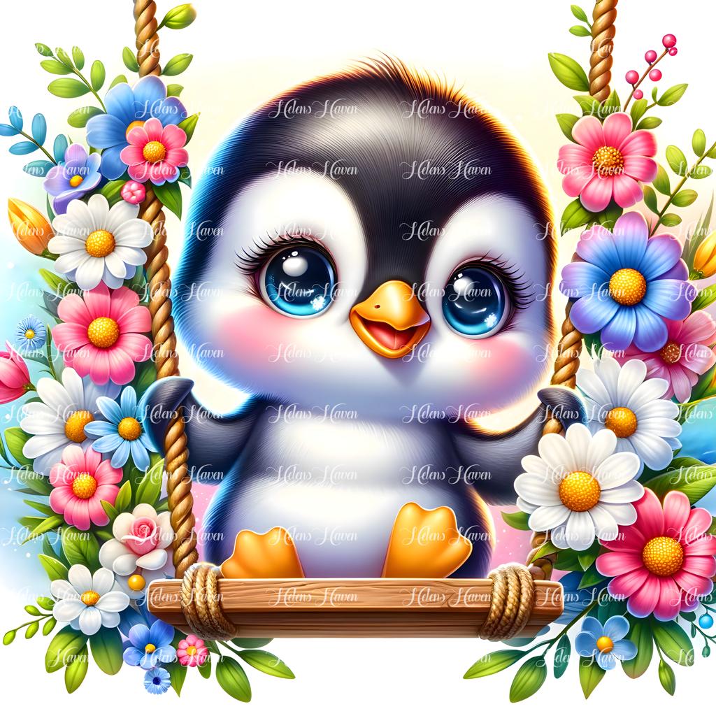 A cute baby penguin perches curiously on a flower swing