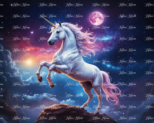 A majestic white unicorn stands gracefully against a starry night background, its shimmering coat glowing under the celestial light.