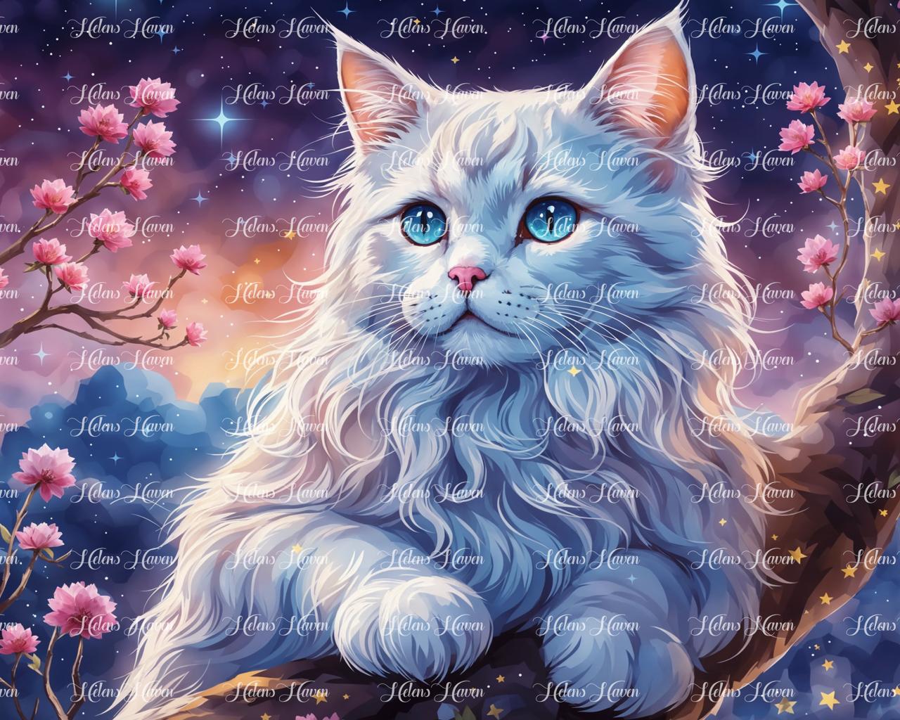 A white cat sits elegantly against a starry night background